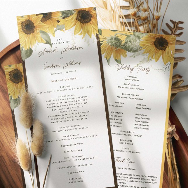 Elegant rustic sunflower, country wedding programme (Beautiful watercolor sunflower painting, rustic themed wedding programs for summer and fall wedding.)