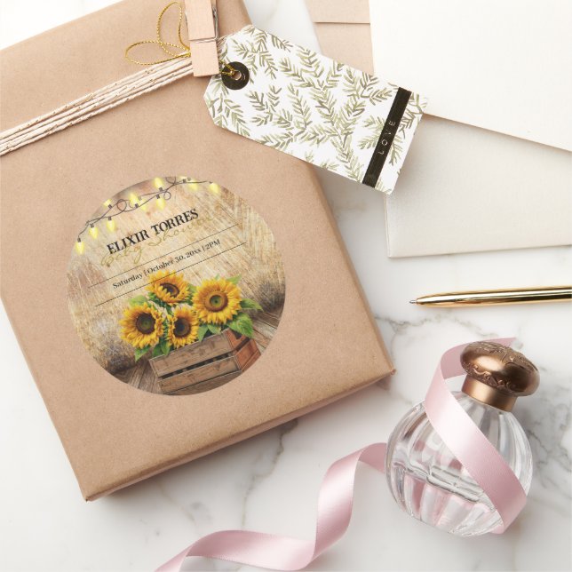 Elegant Rustic Sunflower Crate Modern Baby Shower Classic Round Sticker (Gifting)