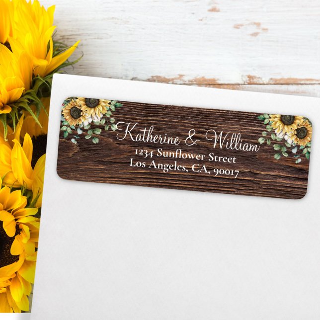 Elegant Rustic Sunflower Eucalyptus Wooden Return  (In situ on envelope)
