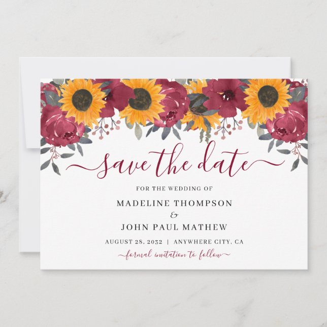 Elegant Rustic Sunflower Floral Burgundy Autumn Save The Date (Front)