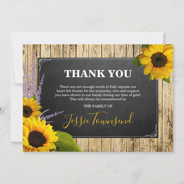 Elegant Rustic Sunflower Funeral Sympathy Thank You Card (Front)