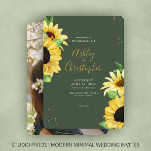 Elegant Rustic Sunflower Green Photo Wedding Invitation