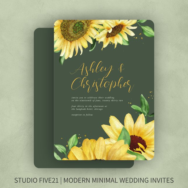 Elegant Rustic Sunflower Green Wedding Invitation (Creator Uploaded)
