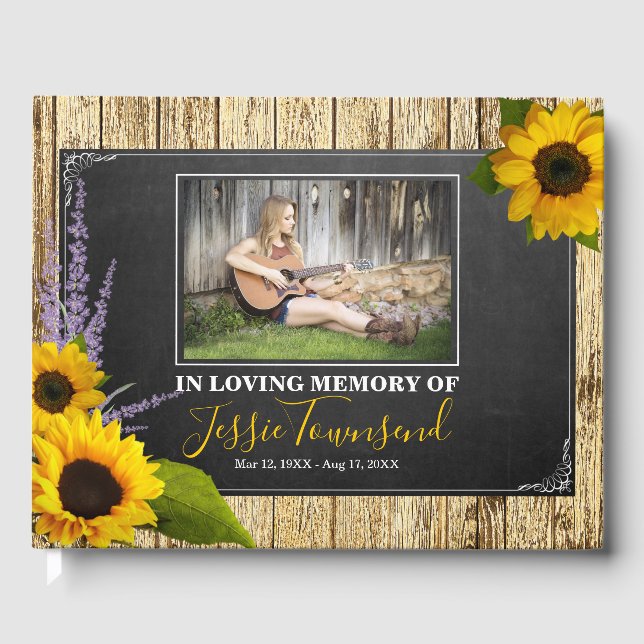 Elegant Rustic Sunflower In Loving Memory Funeral Guest Book (Front)