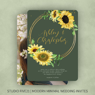 Elegant Rustic Sunflower Moss Green Photo Wedding Invitation