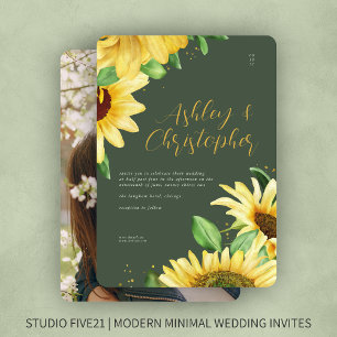 Elegant Rustic Sunflower Moss Green Photo Wedding Invitation