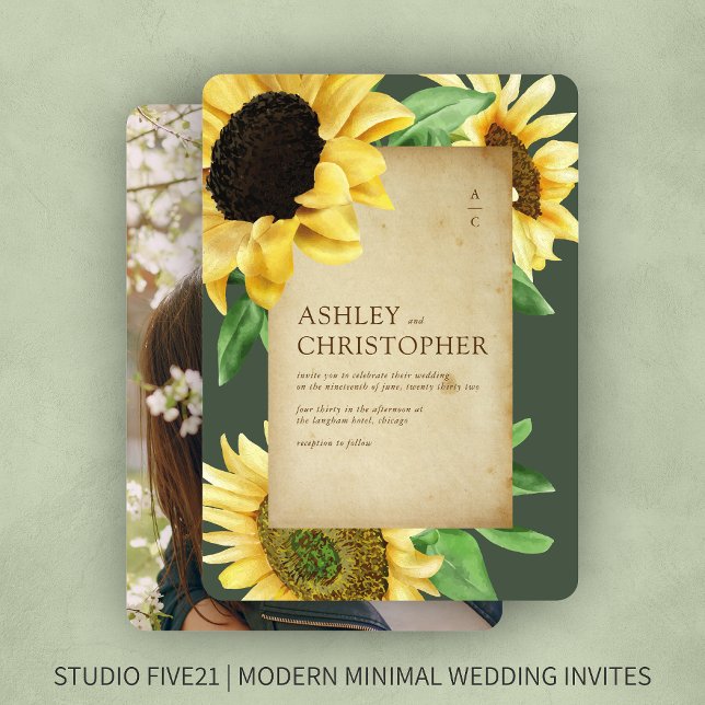 Elegant Rustic Sunflower Moss Green Photo Wedding Invitation (Creator Uploaded)