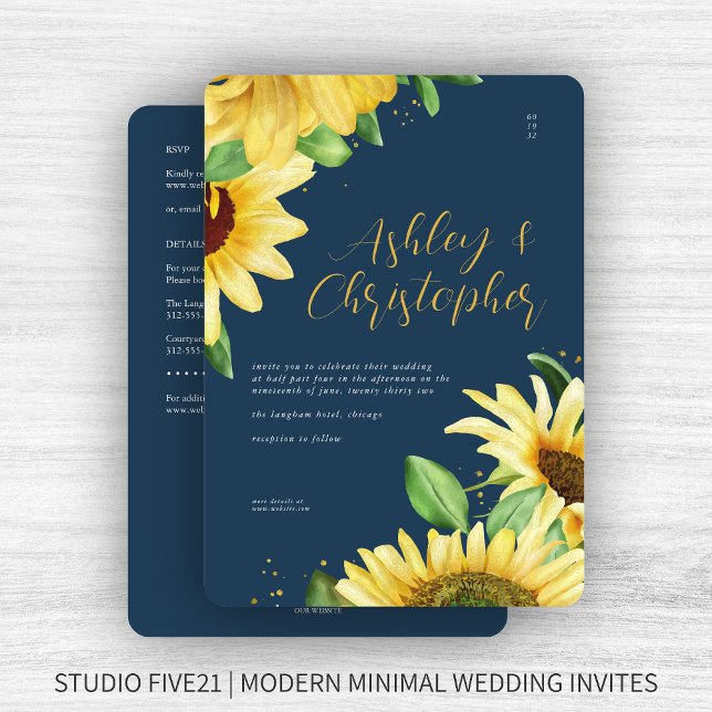 Elegant Rustic Sunflower Navy All-in-One Wedding Invitation (Creator Uploaded)