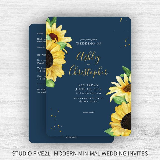 Elegant Rustic Sunflower Navy All-in-One Wedding Invitation (Creator Uploaded)