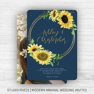 Elegant Rustic Sunflower Navy Blue Photo Wedding Invitation
