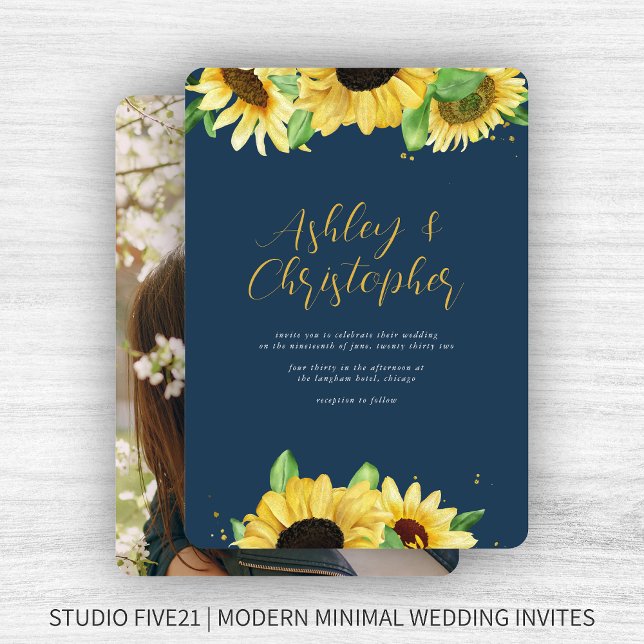 Elegant Rustic Sunflower Navy Blue Photo Wedding Invitation (Creator Uploaded)