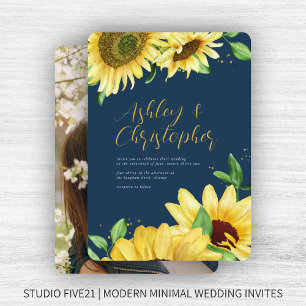 Elegant Rustic Sunflower Navy Blue Photo Wedding Invitation