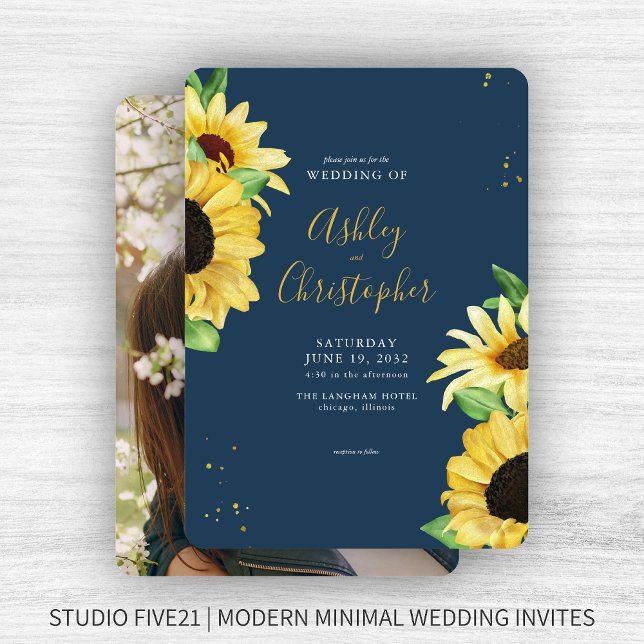 Elegant Rustic Sunflower Navy Blue Photo Wedding Invitation (Creator Uploaded)