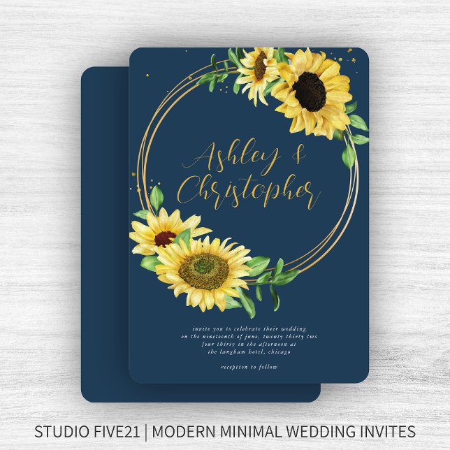 Elegant Rustic Sunflower Navy Blue Wedding Invitation (Creator Uploaded)
