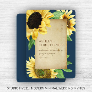 Elegant Rustic Sunflower Navy Blue Wedding Invitation