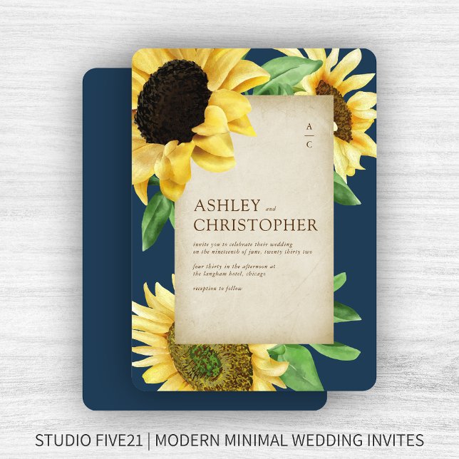 Elegant Rustic Sunflower Navy Blue Wedding Invitation (Creator Uploaded)