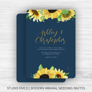 Elegant Rustic Sunflower Navy Wedding Invitation