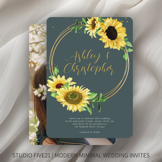 Elegant Rustic Sunflower Slate Grey Photo Wedding Invitation (Creator Uploaded)