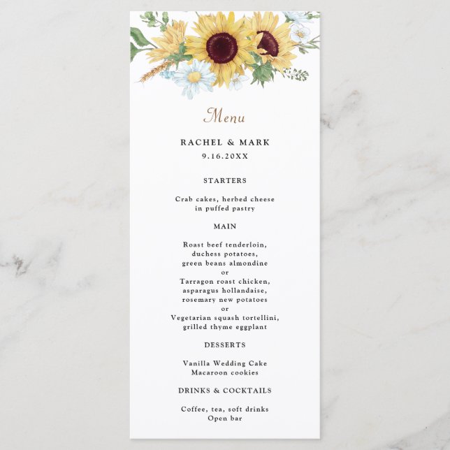 Elegant Rustic Sunflower Wedding Menu (Front)