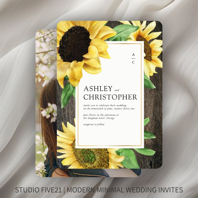 Elegant Rustic Sunflower Wood Photo Wedding Invitation (Creator Uploaded)