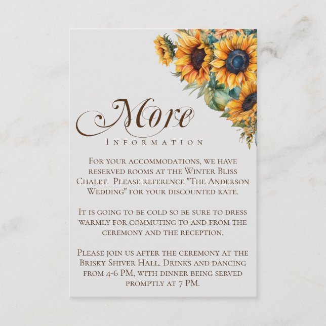 Elegant Rustic Sunflowers Calligraphy Wedding Enclosure Card (Front)