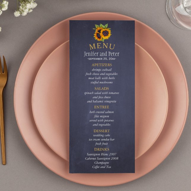 Elegant rustic sunflowers fall navy wedding menu (Creator Uploaded)