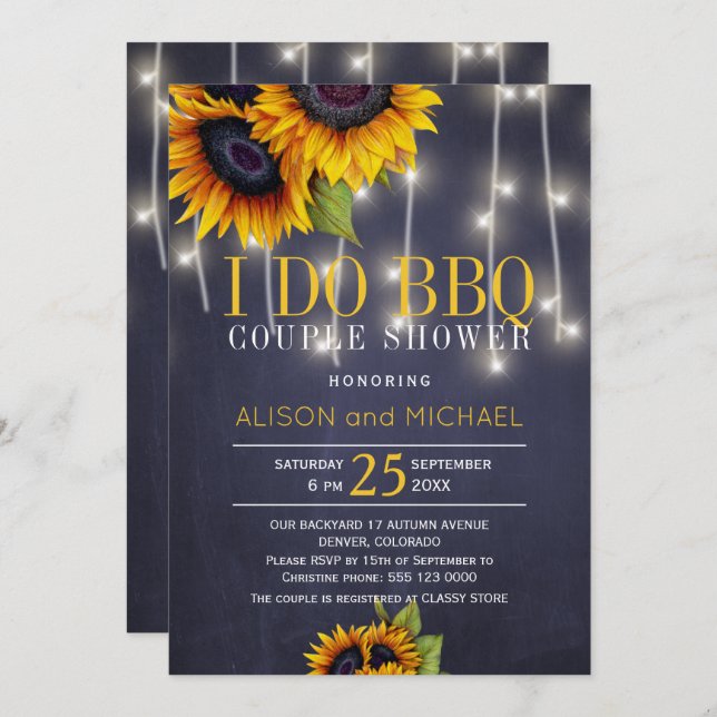 Elegant rustic sunflowers i do bbq couple shower invitation (Front/Back)
