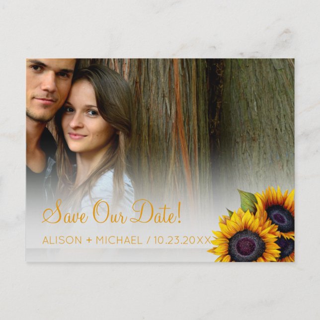Elegant rustic sunflowers photo wedding save date announcement postcard (Front)