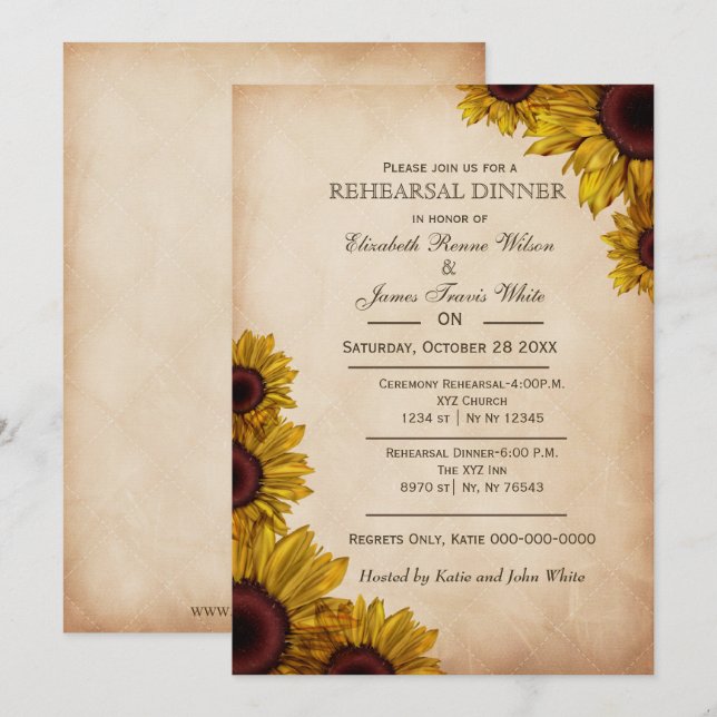 Elegant Rustic Sunflowers rehearsal dinner invites (Front/Back)