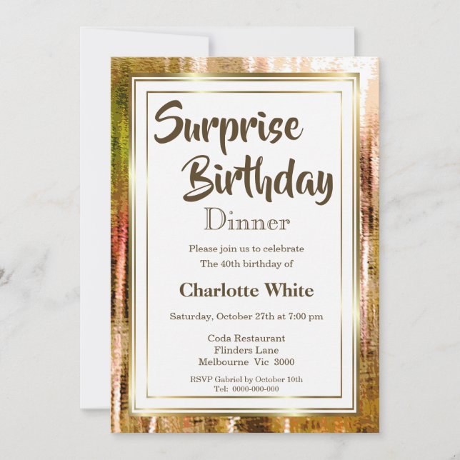 Elegant Rustic Surprise 40th Birthday Dinner Invitation (Front)