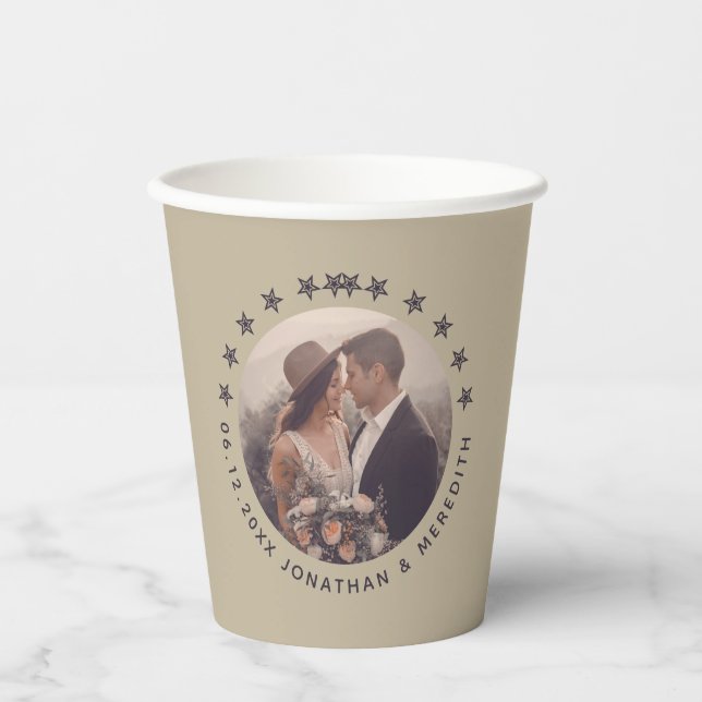 Elegant Rustic Taupe Personalised Photo Wedding Paper Cups (Front)