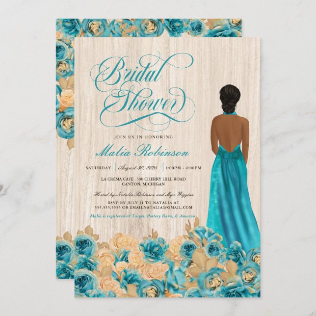Elegant Rustic Teal Blue Rose & Gown Bridal Shower Invitation (Front/Back)