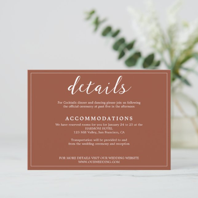 Elegant Rustic Terracotta Bordered Script Wedding Enclosure Card (Standing Front)