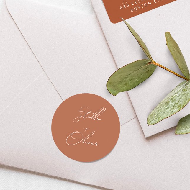 Elegant Rustic Terracotta Calligraphy Wedding Classic Round Sticker (Elegant Rustic Terracotta Calligraphy Wedding Classic Round Sticker)