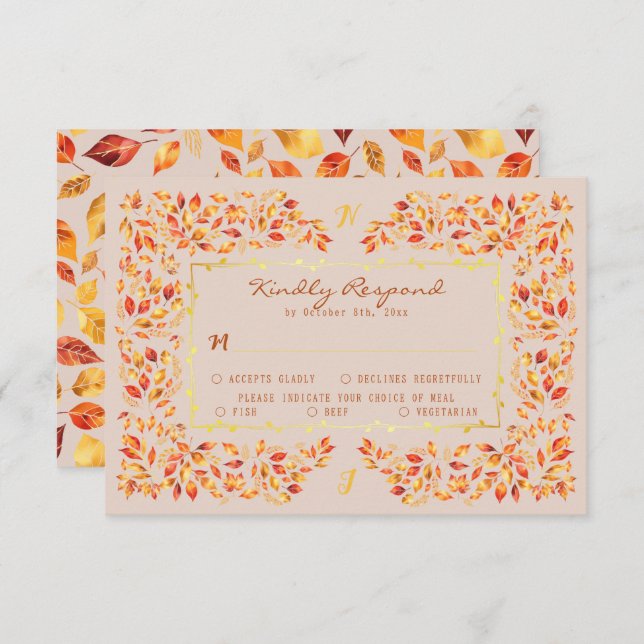 Elegant Rustic Terracotta Fall Leaves Wedding RSVP Card (Front/Back)