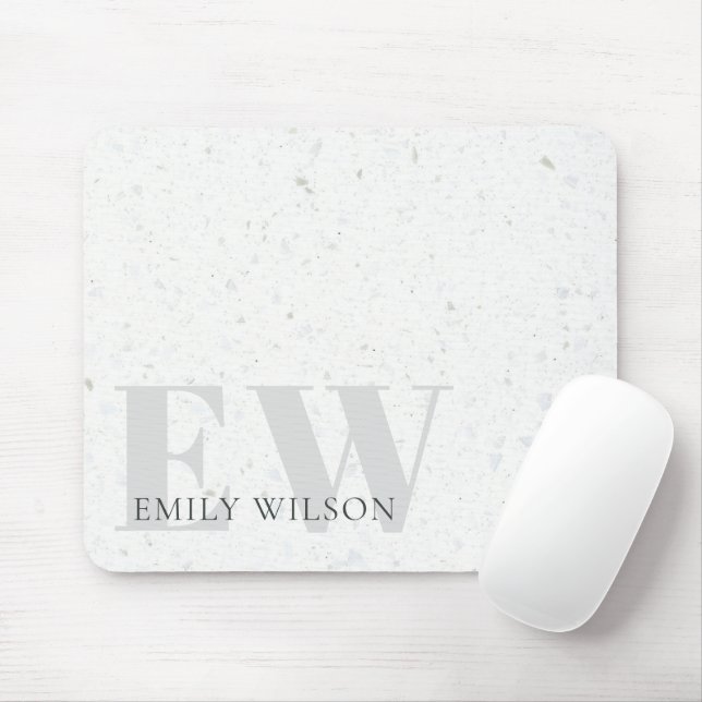 Elegant Rustic Terrazzo Stone Grey Name Monogram Mouse Pad (With Mouse)