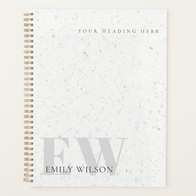 Elegant Rustic Terrazzo Stone Grey Name Monogram  Planner (Front)