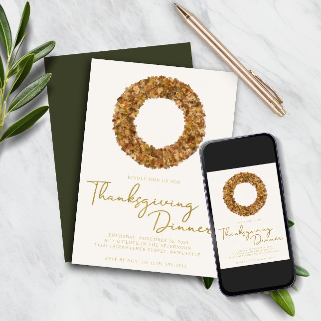 Elegant Rustic Thanksgiving Fall Wreath Gold Foil Invitation (Elegant Rustic Thanksgiving Fall Wreath Gold Foil Invitation)