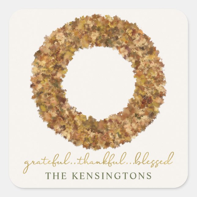 Elegant Rustic Thanksgiving Wreath Autumn Leaves Square Sticker (Front)