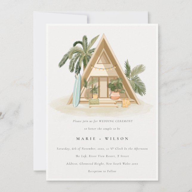 Elegant Rustic Tropical Palm Beach Shack Wedding Invitation (Front)