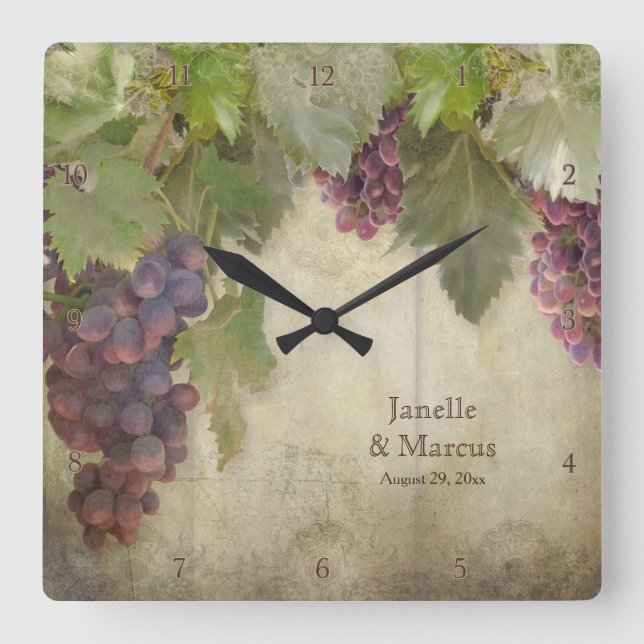 Elegant Rustic Vineyard Winery Fall Wedding Gift Square Wall Clock (Front)