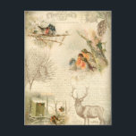 Elegant Rustic Vintage Christmas Woodland Collage Holiday Postcard<br><div class="desc">Lovely rustic vintage winter woodland ephemera collage featuring engraved stag,  pine,  text,  script,  postcard graphics and sweet nesting robins on aged distressed sepia parchment background.</div>