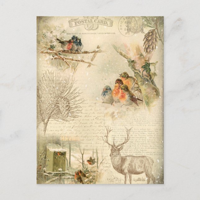 Elegant Rustic Vintage Christmas Woodland Collage Holiday Postcard (Front)