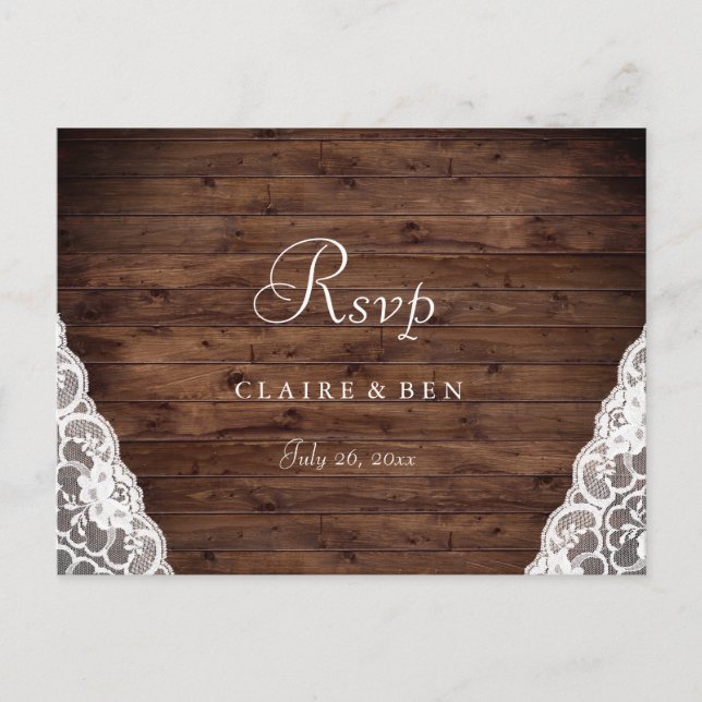 Elegant Rustic Vintage Lace Wedding RSVP Postcard (Front)