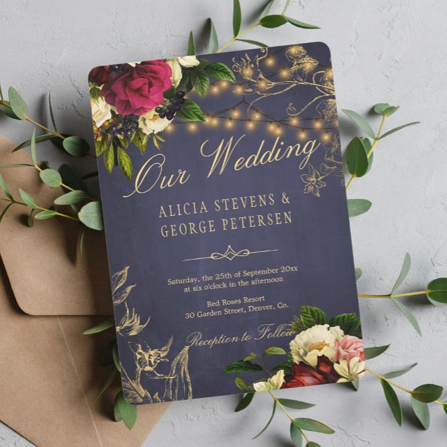 Elegant rustic vintage roses navy winter wedding invitation (Creator Uploaded)
