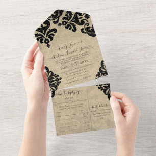 Elegant Rustic Vintage Victorian Floral Damask  All In One Invitation