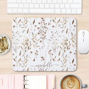 Elegant Rustic Watercolor Brown Flowers Leaves Mouse Pad