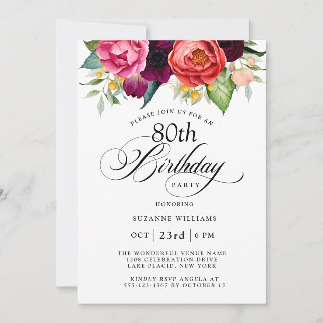 Elegant Rustic Watercolor Floral 80th Birthday Invitation (Front)