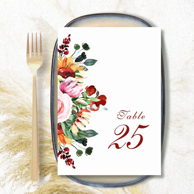 Elegant Rustic Watercolor Floral Sunflower Wedding Table Number (Creator Uploaded)