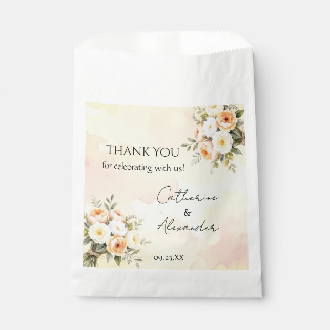 Elegant Rustic Watercolor Roses Wedding Thank You Favour Bags (Front)